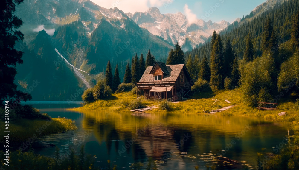 Abandoned house in beautiful green forest with a lake and  mountains on background.AI generated.
