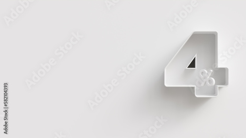 White 3d 4 (four) percent on white background. For advertising promotion, 3d financial concept design. Promotional materials for low rate. 4% interest special offer. Symbol icon with percentage.