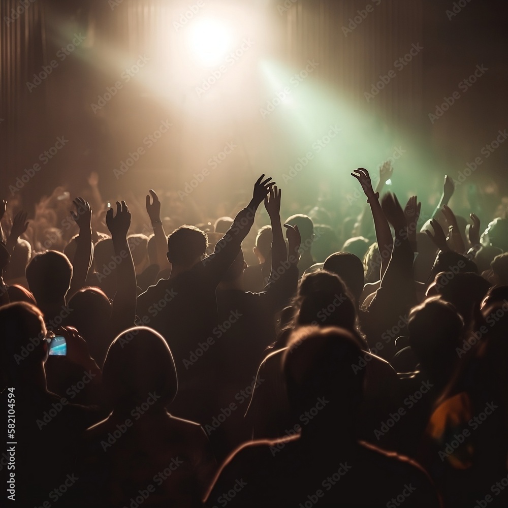 Siluette of a crowd chearing at a concert - cinematic lighting