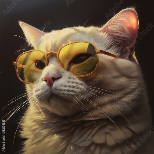 Photorealistic painting of a cat wearing yellow sunglasses © Birkedal
