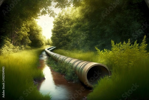 large long pipe for discharge of sewage in midst of beaful nature, created with generative ai photo