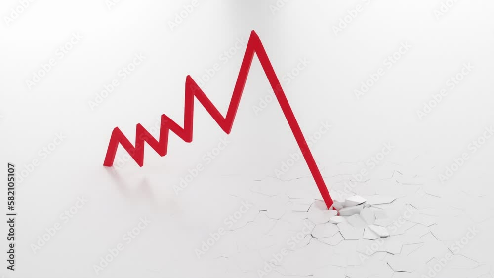 Stock market crash graph. Red arrow fall into crack ground. Economic crisis or recession concept. Black Swan, bank crisis.