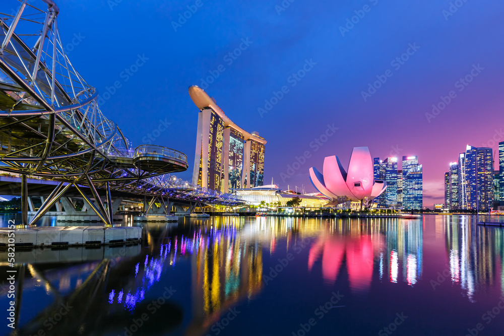 Marina Bay Skyline and Helix Bridge at twilight in Singapore