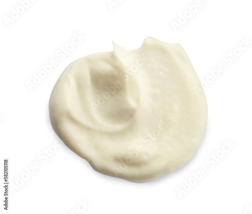 Sample of facial cream isolated on white, top view