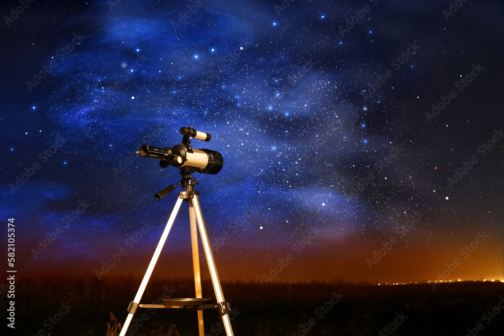 New astronomy telescope outdoors, space for text. Picturesque view of shiny stars at night New astronomy telescope outdoors, space for text. Picturesque view of shiny stars at night