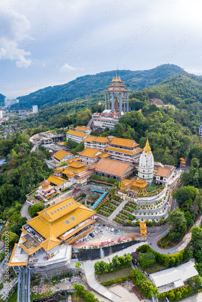 Kek Lok Si Temple aerial photo portrait format on Penang island in Malaysia