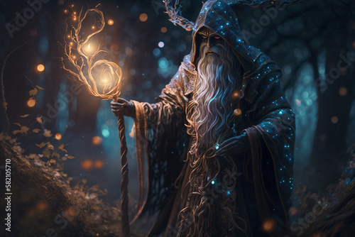 A mystical druid standing in a lush forest glade, surrounded by ethereal wisps of magic. intricate details of the druid's robes and staff. a touch of dreaminess. Ai