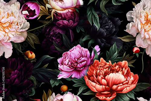 Seamless pattern with vintage peonies on a black background. Generative AI. Can be used for textiles, yoga mats, phone cases