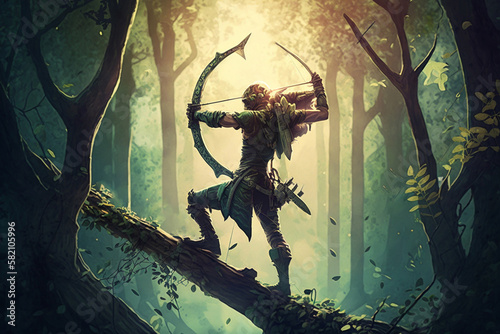 Silhouette skilled archer perched on a treetop, taking aim at a distant target. the archer's graceful form and the forest canopy below. solid dark color. Ai photo