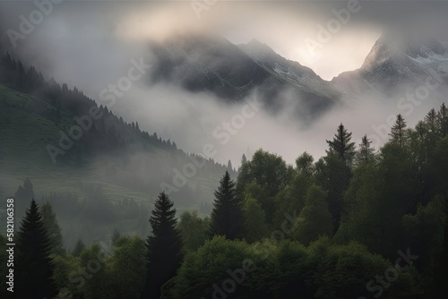 Immersive Mountain Landscape with mist and fog, Generative AI