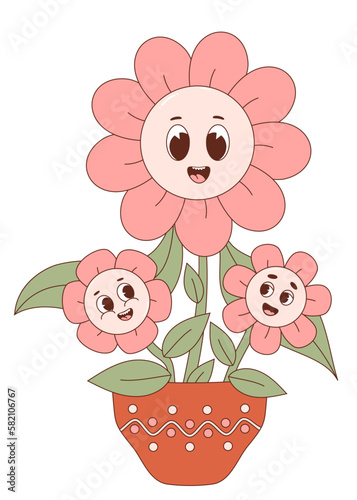 Fototapeta Naklejka Na Ścianę i Meble -  Groovy flowerpot. Happy daisy flowers power. Nostalgic retro character mascot - family mom with babys. Vector Illustration.