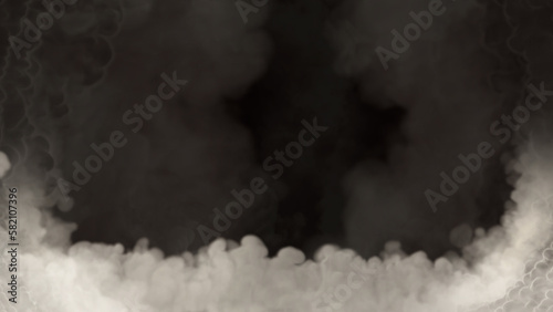 Bottom content frame of dense grey smoke or clouds, isolated - object 3D rendering