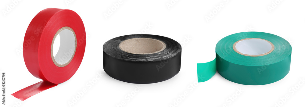 Set with insulating tapes in different colors on white background Set with insulating tapes in different colors on white background