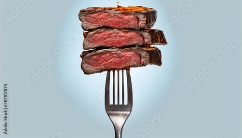 grilled steaks stacked on a fork, medium rare done