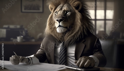 a lion accountant or lawyer wearing a suit and tie calculating a client's taxes. generative ai content photo