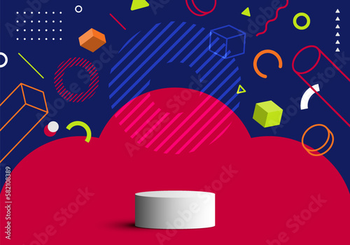 3D realistic white podium cylinder stand with abstract flat design geometric elements colorful pattern graphic design background retro style