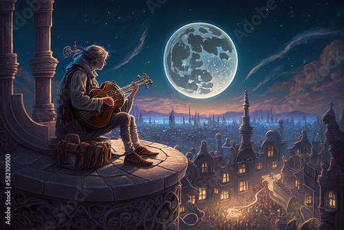 Bard playing magical instrument on moonlit rooftop, overlooking fantastical city. fantastical with a whimsical quality, and the light setting creates a sense of romanticism and enchantment. Ai