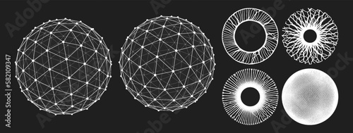 Sphere with connected lines and dots. Array with dynamic small particles in circle. Global digital connections. Abstract grid design. Science and technology element. 3d vector illustration.