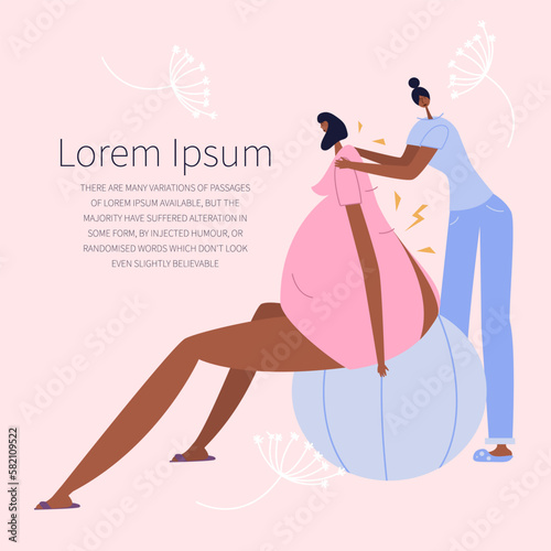 The African American pregnant woman give birth baby and sitting in best position on fit ball. The doula assist helping. Female has got discomfort, back pain, pain belly. 