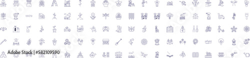 Garden line icons signs set. Design collection of Yard, Vegetable, Lawn, Greenery, Trees, Flowers, Shrubs, Plants outline concept vector illustrations