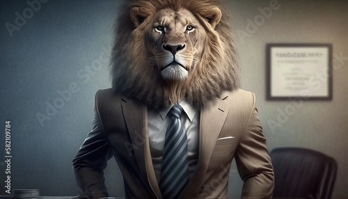 a lion accountant or lawyer wearing a suit and tie calculating a client's taxes. generative ai content photo