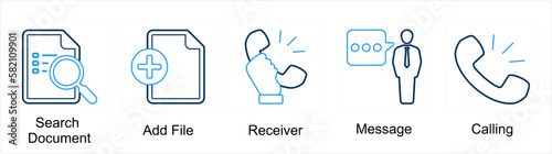 A set of 5 mix icons as serach document, add file, receiver