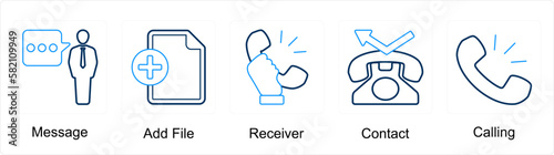 A set of 5 mix icons as message, add file, receiver