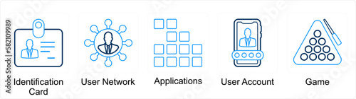 A set of 5 mix icons as identification card, user network, application