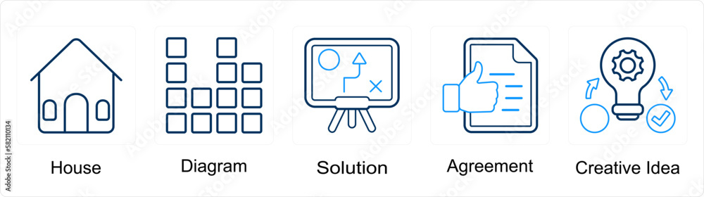 A set of 5 mix icons as house, diagram, solution A set of 5 mix icons as house, diagram, solution