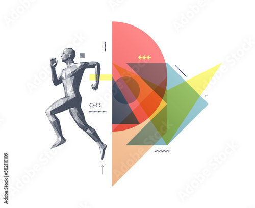 Art composition. Running man or marathon runner. 3D human body model. Design for sport. Transparency geometrical background. Cover design template for presentation, poster, cover or brochure.