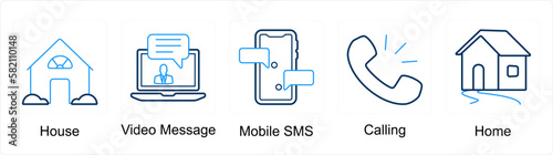 A set of 5 mix icons as house, video message, mobile sms