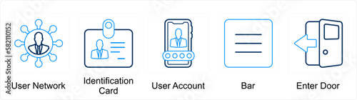 A set of 5 mix icons as user network, identification card, user account