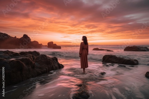 A woman standing on a rocky beach in sunset, Generative AI