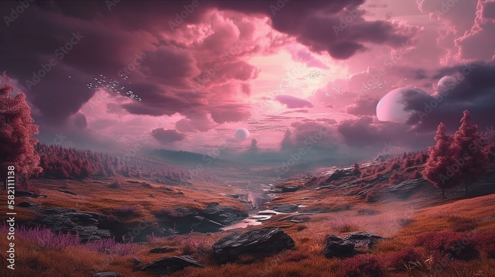 A dreamy and surreal landscape with a pink and purple sky and white clouds Generative AI