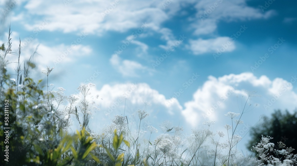 A bright and cheerful blue sky with wispy white clouds and a subtle bokeh effect Generative AI