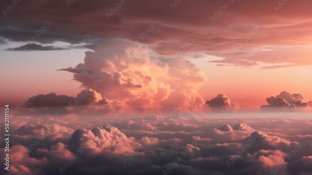 A soft and gentle pink sky with fluffy white clouds Generative AI