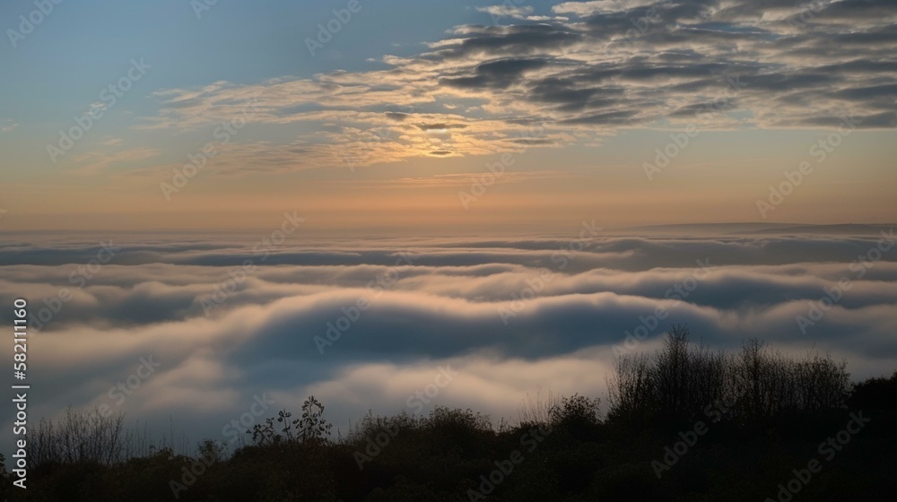 A calming sky of soft blue clouds and mist Generative AI
