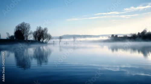A calming and tranquil scene of soft blue clouds and mist Generative AI © Denis Yevtekhov