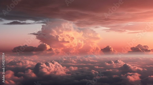 A soft and gentle pink sky with fluffy white clouds Generative AI