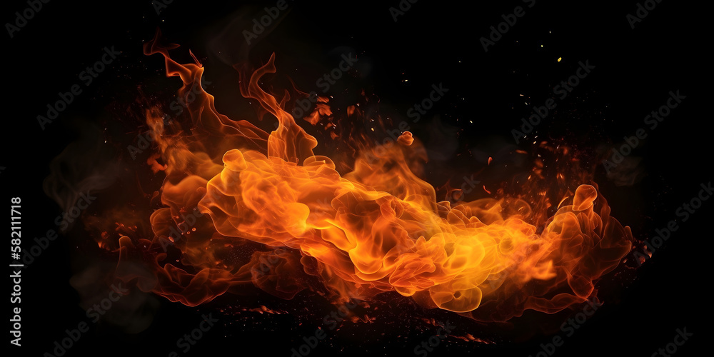 Realistic fire flames background on black - Generative AI Realistic fire flames background on black - Generative AI