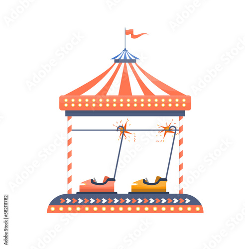 Bumper cars, dodgems in the amusement park isolated. Bumping cars flat vector illustrations.