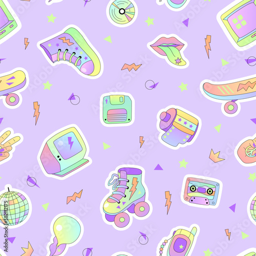 Seamless pattern with retro objects. 90s vibes. Vector illustration.