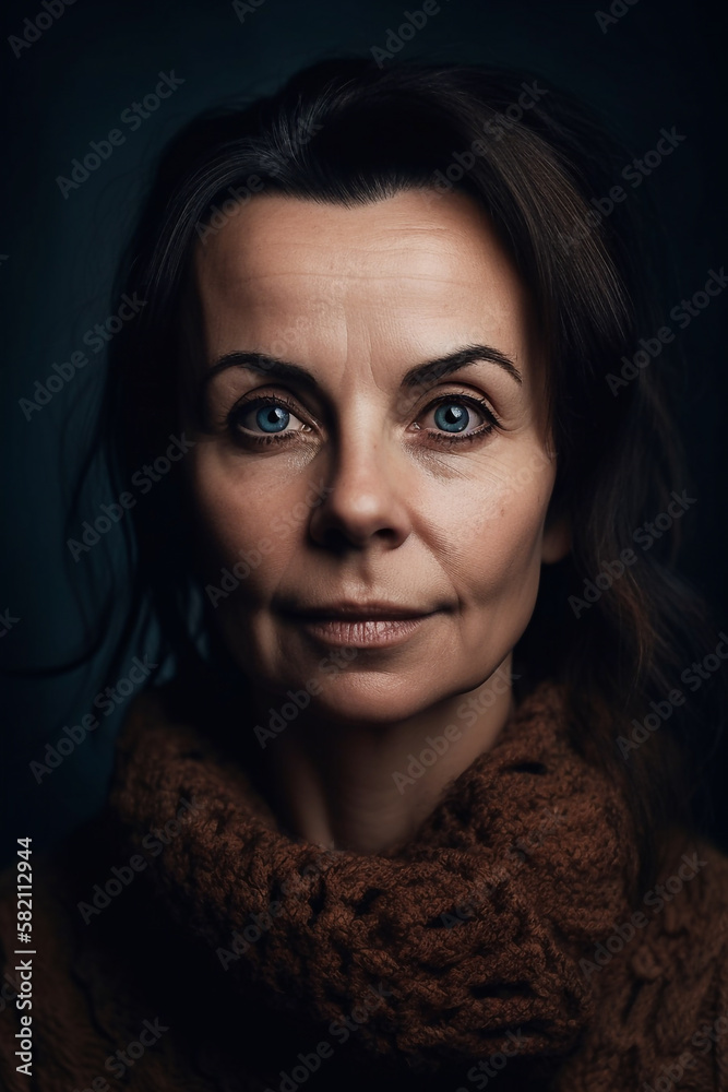 Fototapeta premium A mature female fashion model in her early fifties, blue eyes and black hair - Ai generative