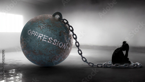 Oppression against a woman. Trapped in a hate prison, chained to a burden of Oppression. Alone in pain and suffering.,3d illustration photo