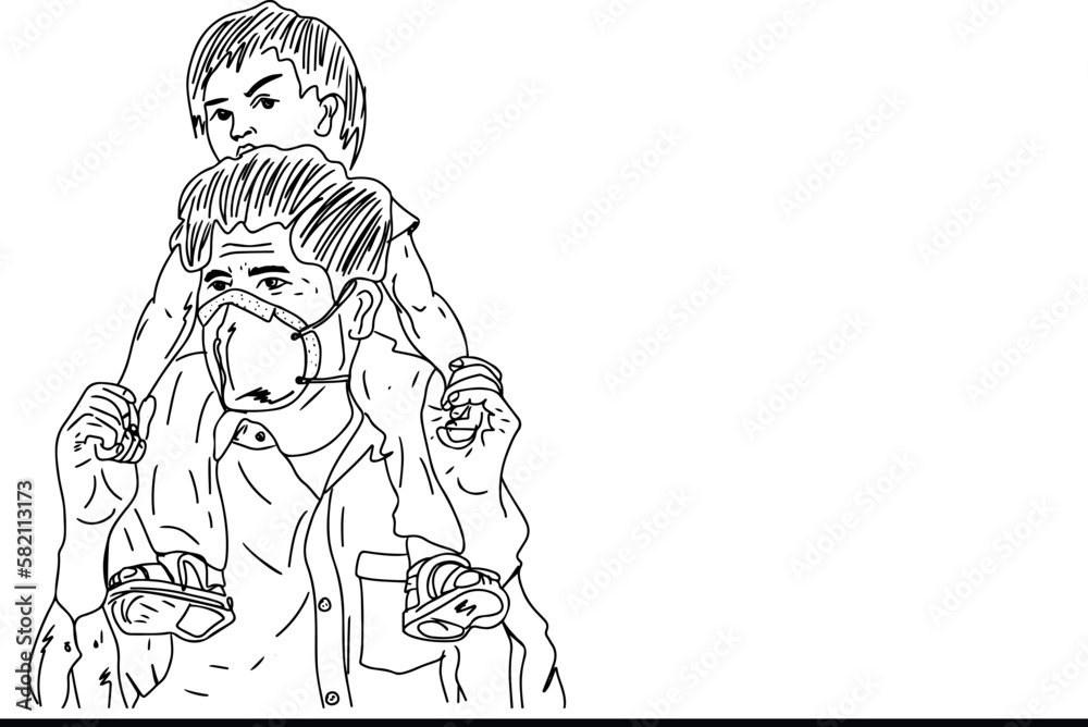 Sketch drawing of Emotional migrant in corona pandemic, Hand drawing outline illustration of Father carrying his son on his shoulder sad image of migration in pandemic feeling sad,embrace