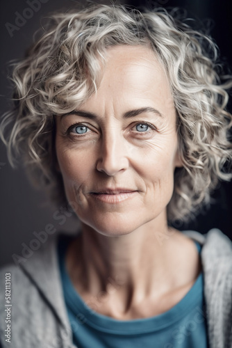 A mature female fashion model in her early fifties with a Nordic ethnicity and fair complexion, blue eyes and silver hair - Ai generative