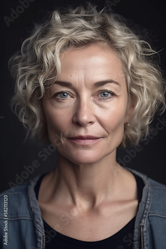 A mature female fashion model in her early fifties with a Nordic ethnicity and fair complexion, blue eyes and silver hair - Ai generative