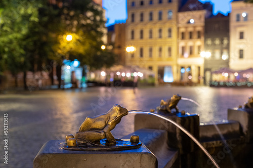 04-07-2022: Bronze gilded frog sculpture pouring water, detail of a fountain. evening in Torun, Poland. photo