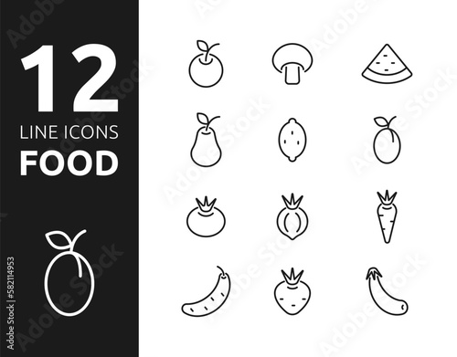 Line icons food black on white background. Fruits and vegetables, healthy eating. Vector illustration