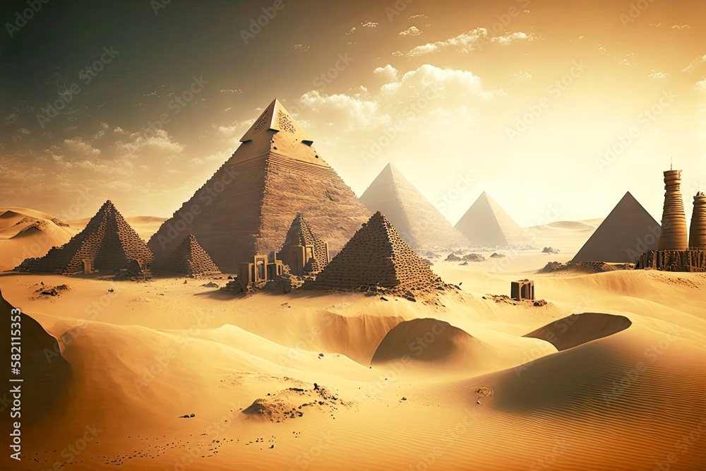ancient excavations in egyptian pyramids among desert sands, created
